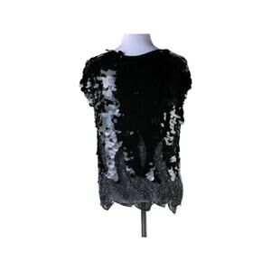 Vintage Black Silk Top with Beading, Large Sequin Discs Size Large